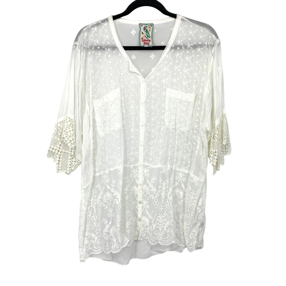 Johnny Was V-Neck Button Front Short Sleeve Blouse Womens Large White Lace Trim